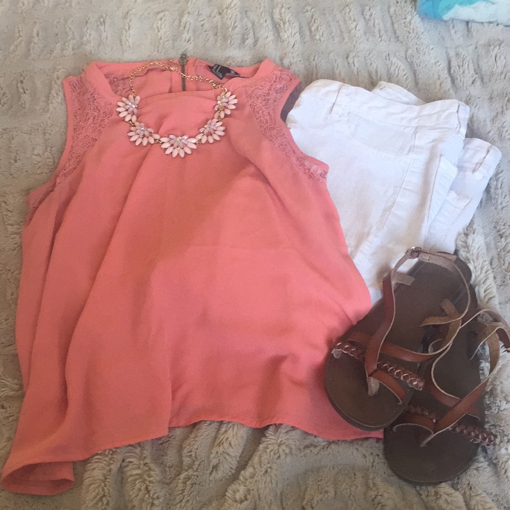 FOREVER 21 Coral & Lace Tank Top